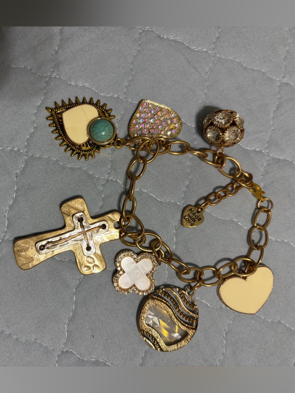 Gold-tone 7 Charms PreOwned Bracelet includes Crosses &Hearts & more